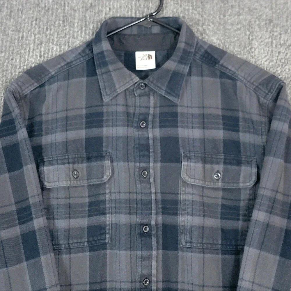 The North Face Shirt Mens L Blue & Gray Plaid Flannel Long Sleeve Button Up